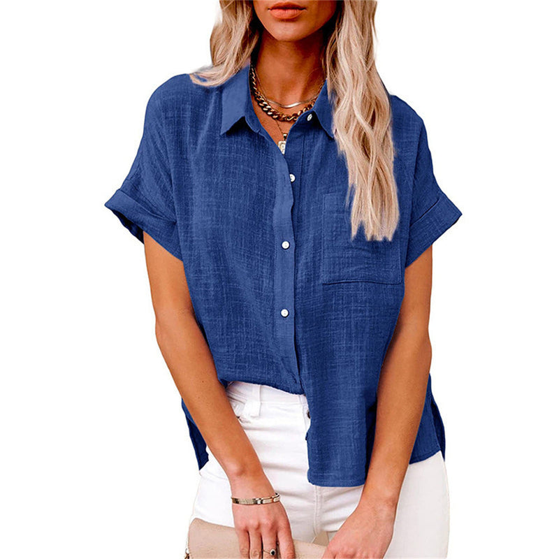 Summer Shirt Linen Blouse for Women with Button Closure and Short Sleeves
