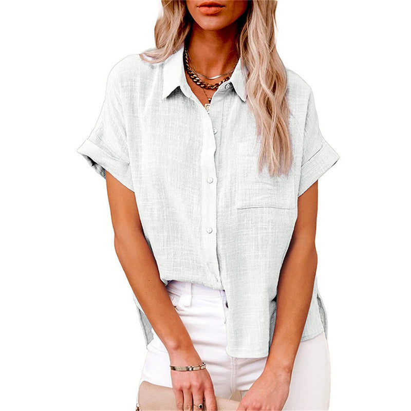 Summer Shirt Linen Blouse for Women with Button Closure and Short Sleeves