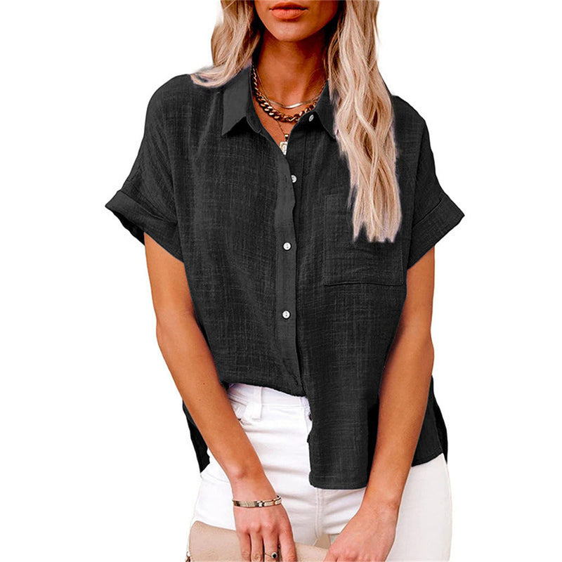 Summer Shirt Linen Blouse for Women with Button Closure and Short Sleeves