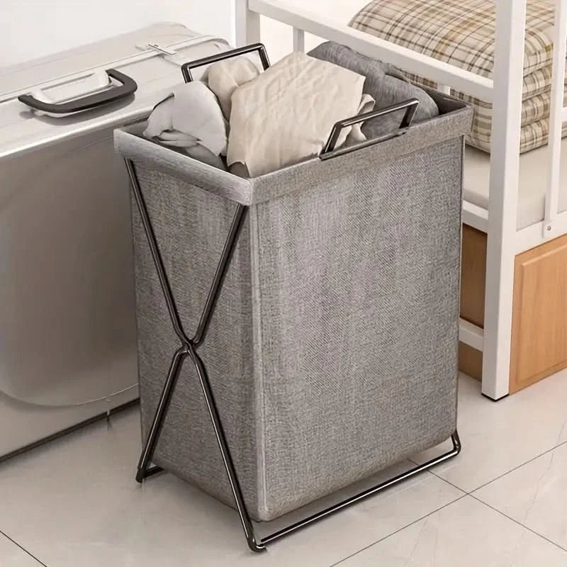Foldable Laundry Basket with Metal Frame and Woven Fabric Storage Bag