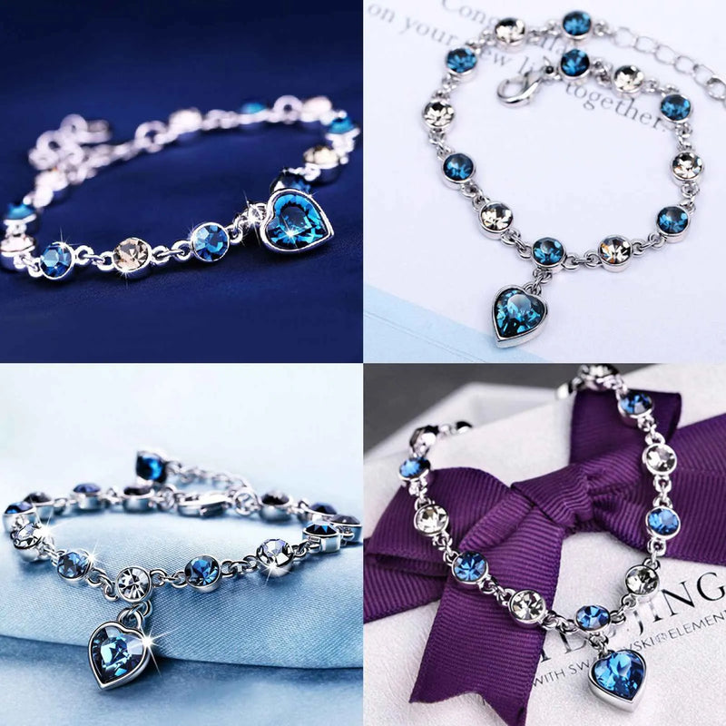 Bracelet in Silver with Heart Charm and Cubic Zirconia Links