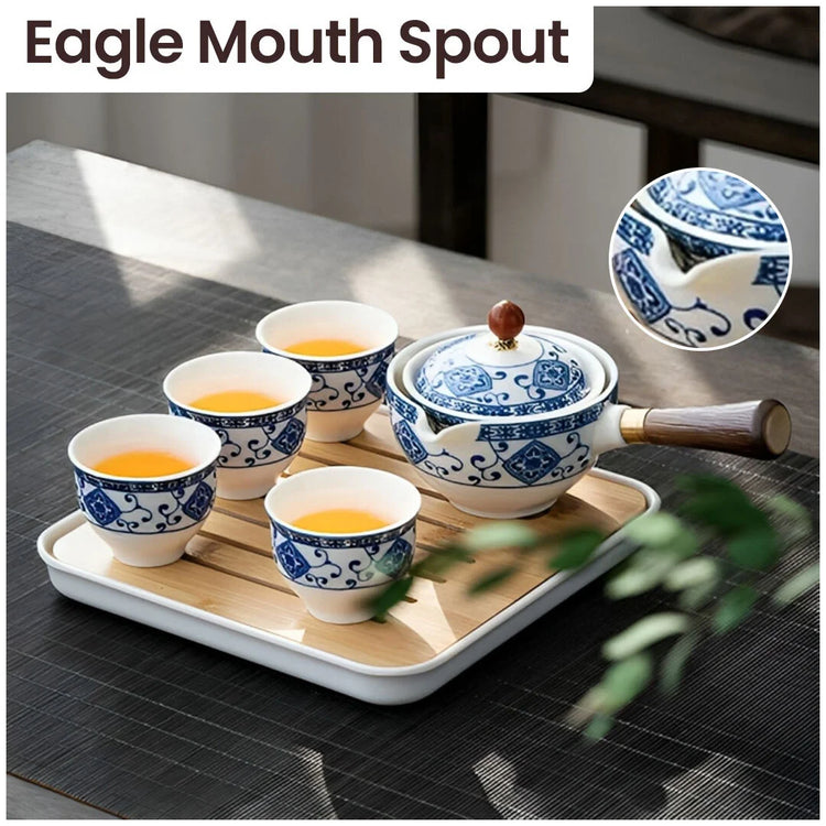 Porcelain Gongfu Tea Set with Wooden Side Handle & Fitted Lid