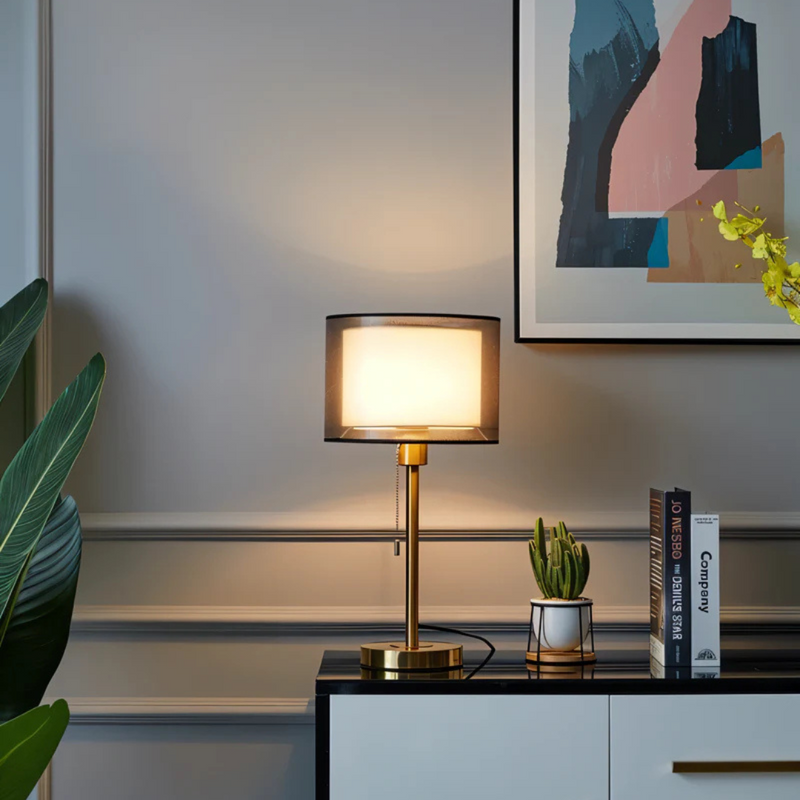 Vintage Table Lamp with Double Fabric Shade for Warm Ambient Light LED