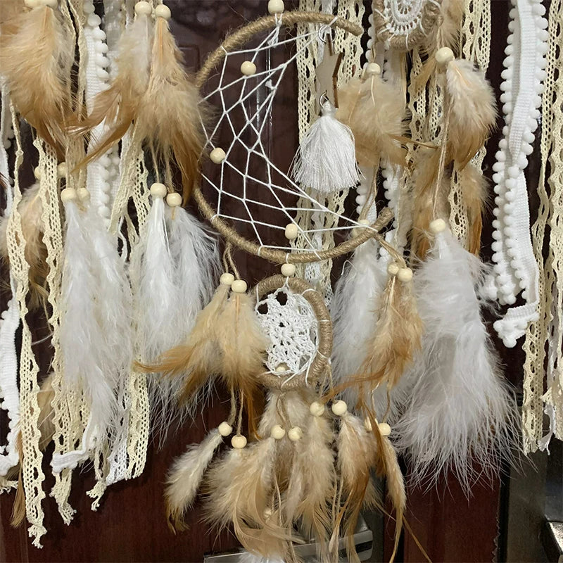 Bohemian Dreamcatcher Wall Decor with Moon Motif and Feathers for Atmospheric Interior Styling