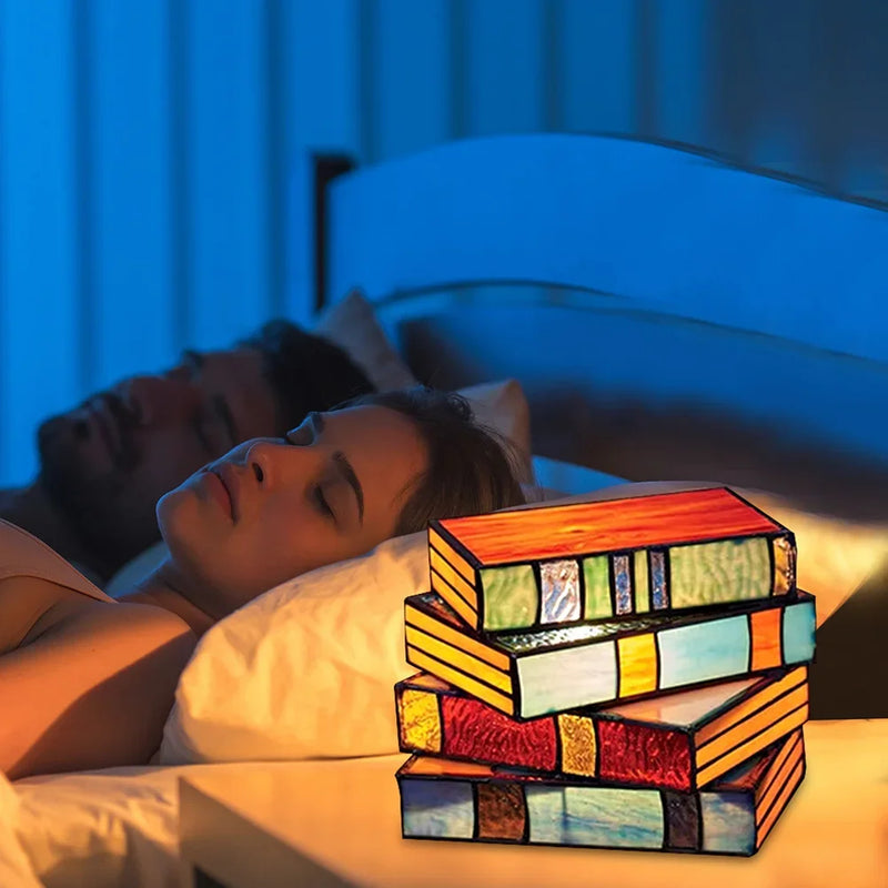Stained Glass Stacked Book Table Lamp with Warm Glow