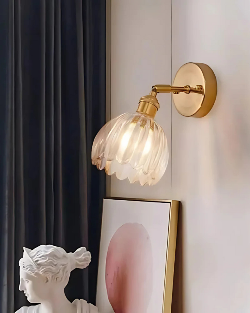 Flower-Inspired Glass Wall Sconce with Brass-Tone Fixture & Scalloped Shade