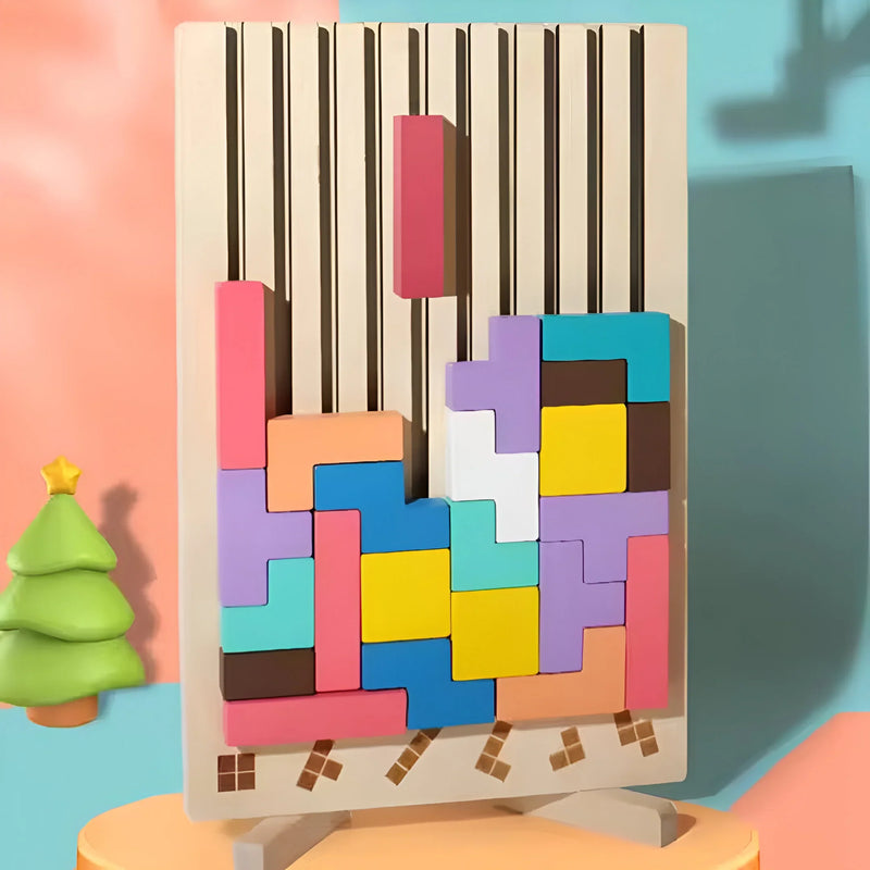 Wooden Tetris Stacking Puzzle with Challenge Cards