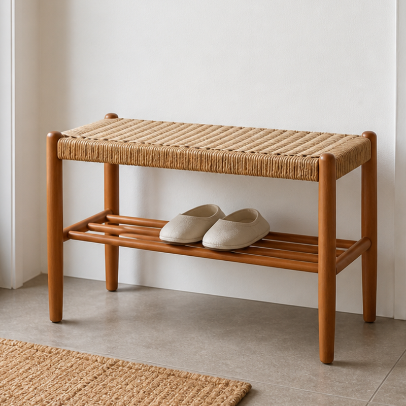 Japanese Cherry Wood Bench with Woven Cowhide Rope Seat