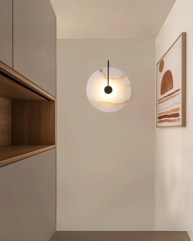 Alabaster LED Wall Lamp with Circular Stone Shade & Warm Ambient Light