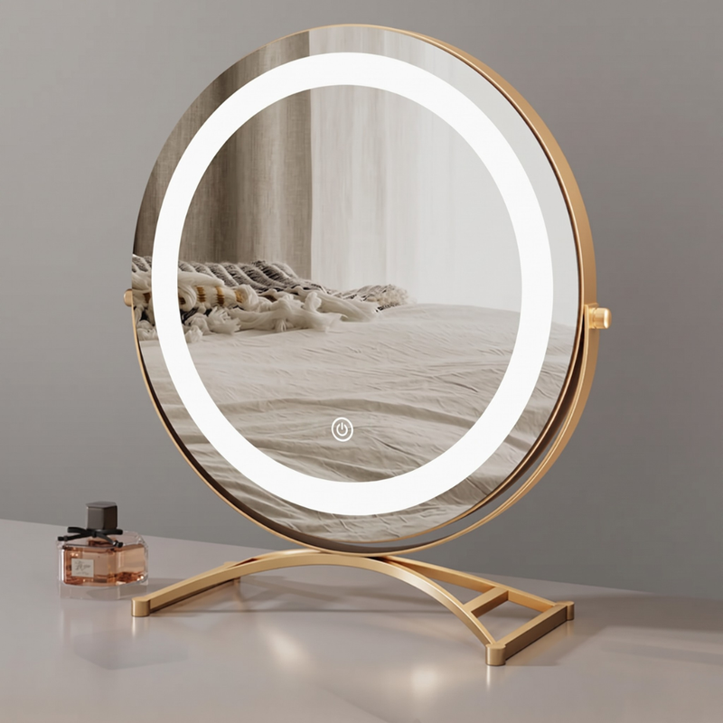 Round LED Make-Up Mirror with Touch Dimming and Rotating Metal Stand