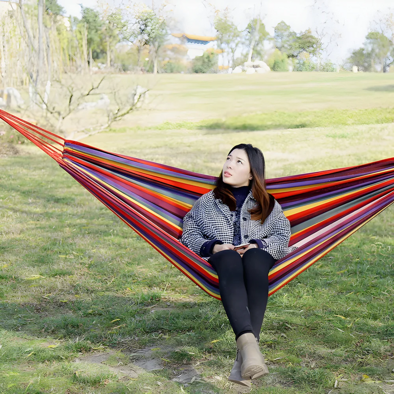 Striped Fabric Hammock with Rope Loops for Indoor and Outdoor Use