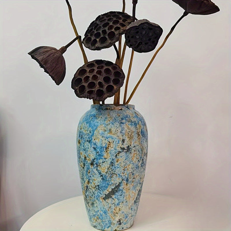Unique Vintage Ceramic Vase – Handmade Blue Earthenware for an Authentic Look