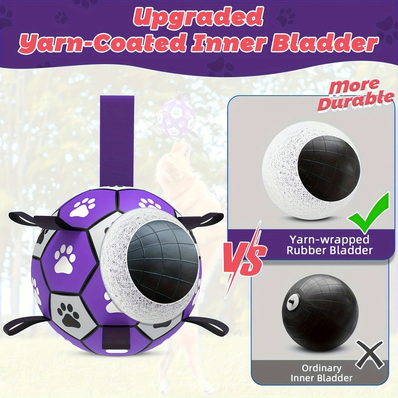 Rubber dog play ball with handles for indoor and outdoor use