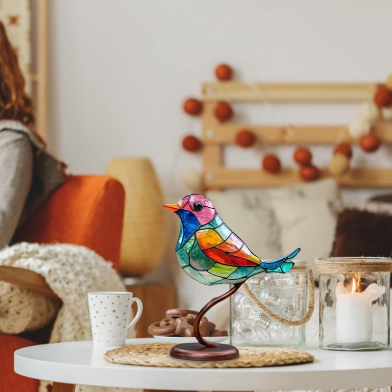 Modern bird table sculpture with coloured glass and decorative art design