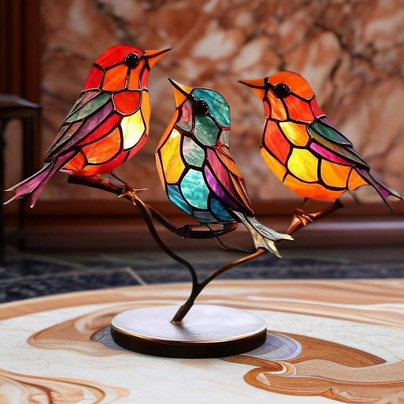 Modern bird table sculpture with coloured glass and decorative art design