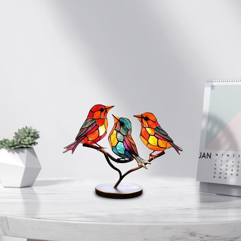 Modern bird table sculpture with coloured glass and decorative art design