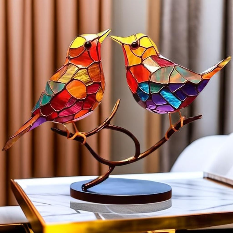 Modern bird table sculpture with coloured glass and decorative art design