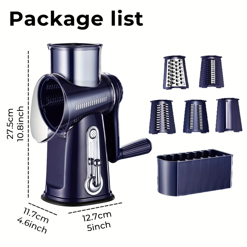 Multifunctional Rotating Kitchen Grater – 5-in-1 Cheese Grater and Vegetable Slicer with Non-Slip Base