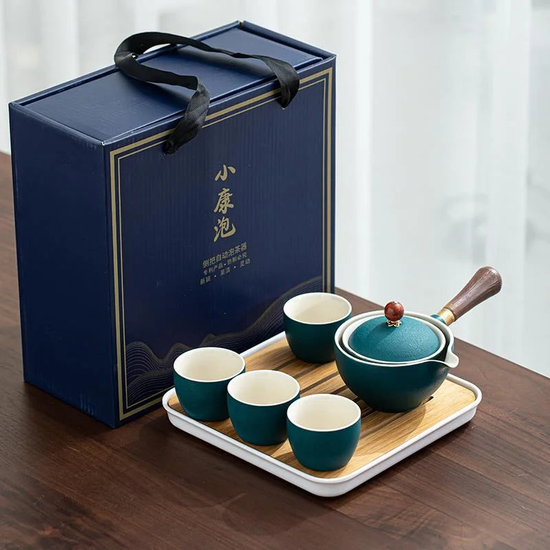 Porcelain Gongfu Tea Set with Wooden Side Handle & Fitted Lid