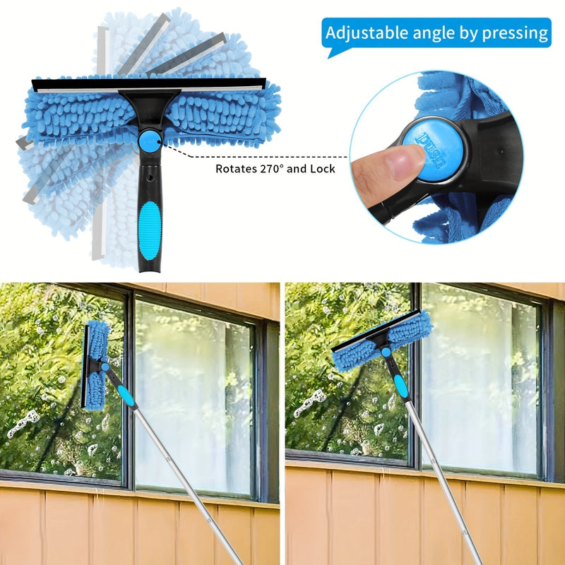 2-in-1 Window Cleaning Tool with Telescopic Handle and Microfibre Pads