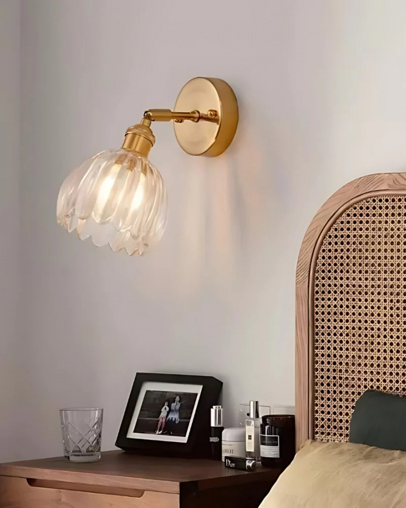 Flower-Inspired Glass Wall Sconce with Brass-Tone Fixture & Scalloped Shade