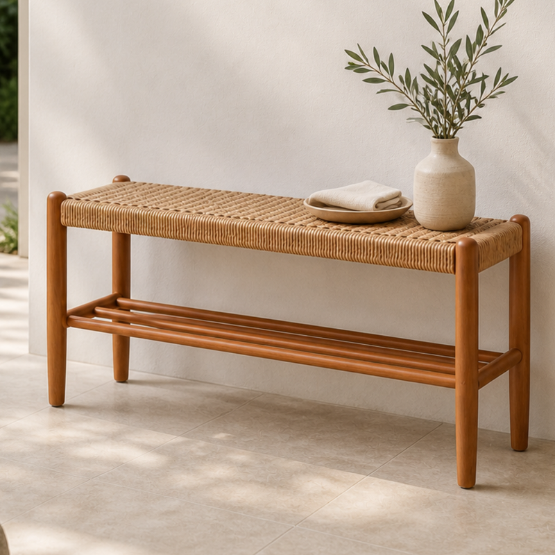 Japanese Cherry Wood Bench with Woven Cowhide Rope Seat