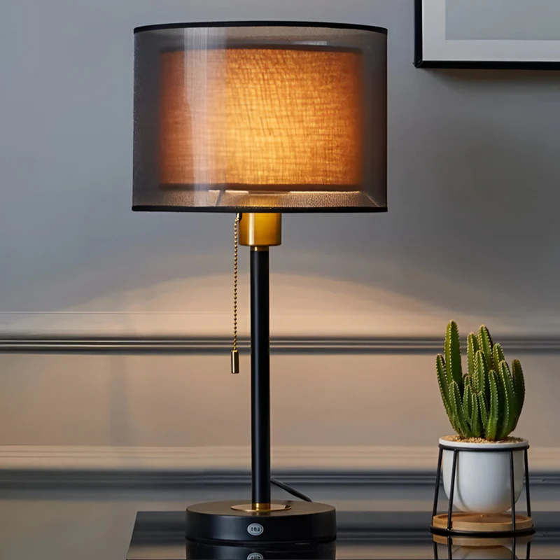 Vintage Table Lamp with Double Fabric Shade for Warm Ambient Light LED