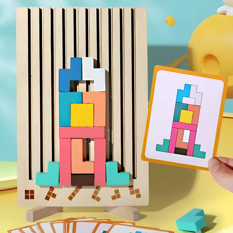 Wooden Tetris Stacking Puzzle with Challenge Cards