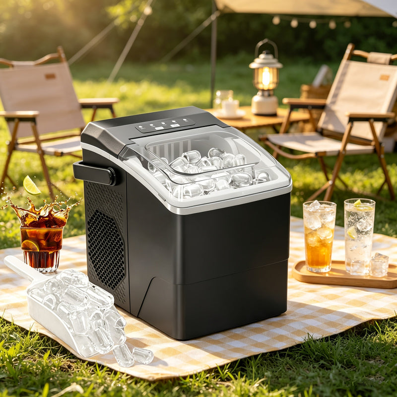 Compact Ice Cube Maker with Two Ice Cube Sizes and Quick Production