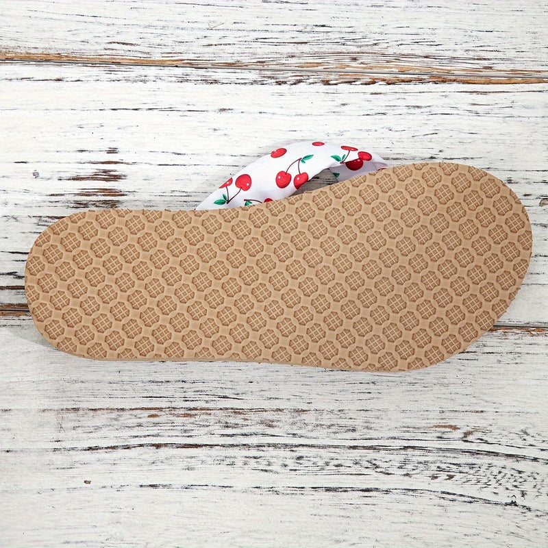 Ladies Flip Flops with Cherry Print and Flat Sole for Summer