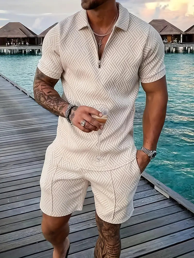 Geometric Men's Summer Set with Polo and Shorts