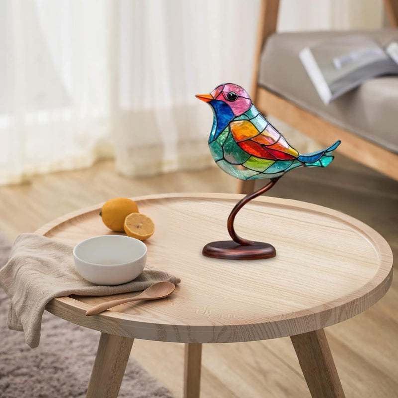 Modern bird table sculpture with coloured glass and decorative art design