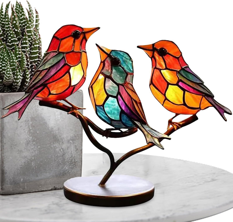 Modern bird table sculpture with coloured glass and decorative art design