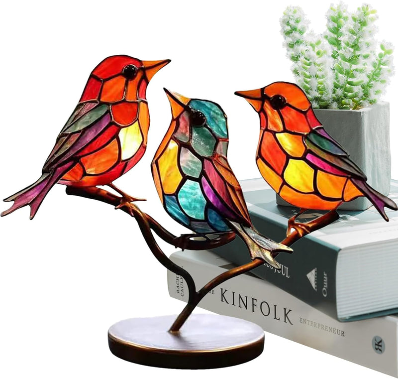 Modern bird table sculpture with coloured glass and decorative art design
