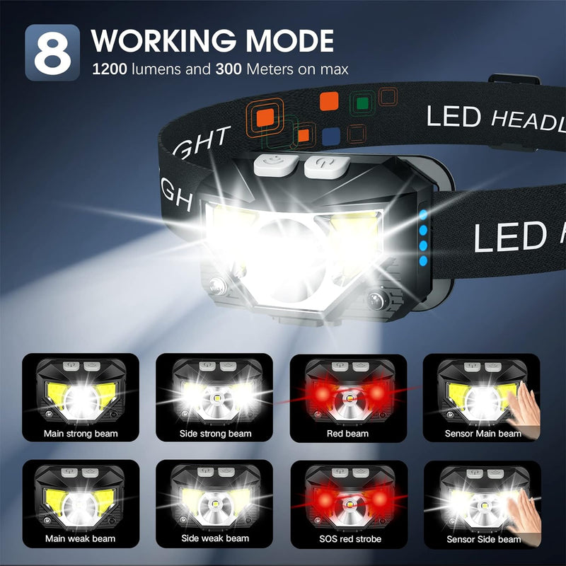 Pair of Rechargeable LED Head Torches with Motion Sensor