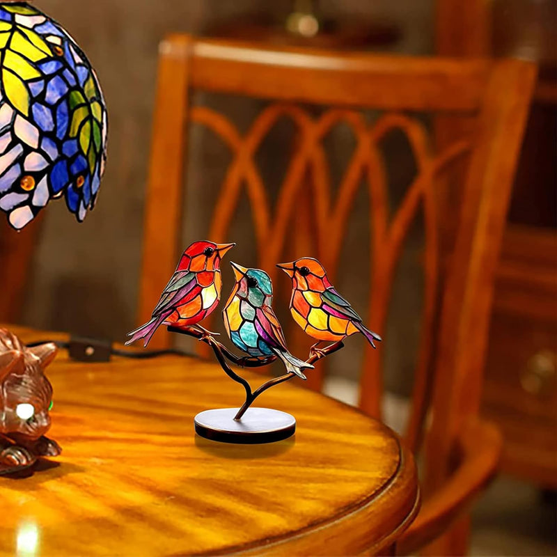 Modern bird table sculpture with coloured glass and decorative art design