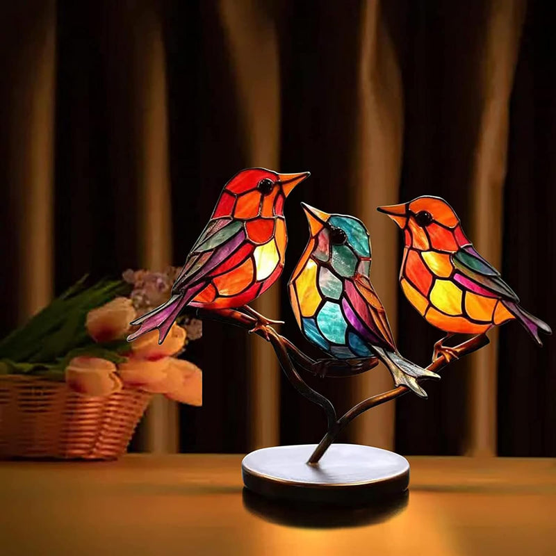 Modern bird table sculpture with coloured glass and decorative art design