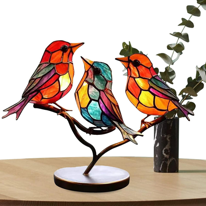 Modern bird table sculpture with coloured glass and decorative art design