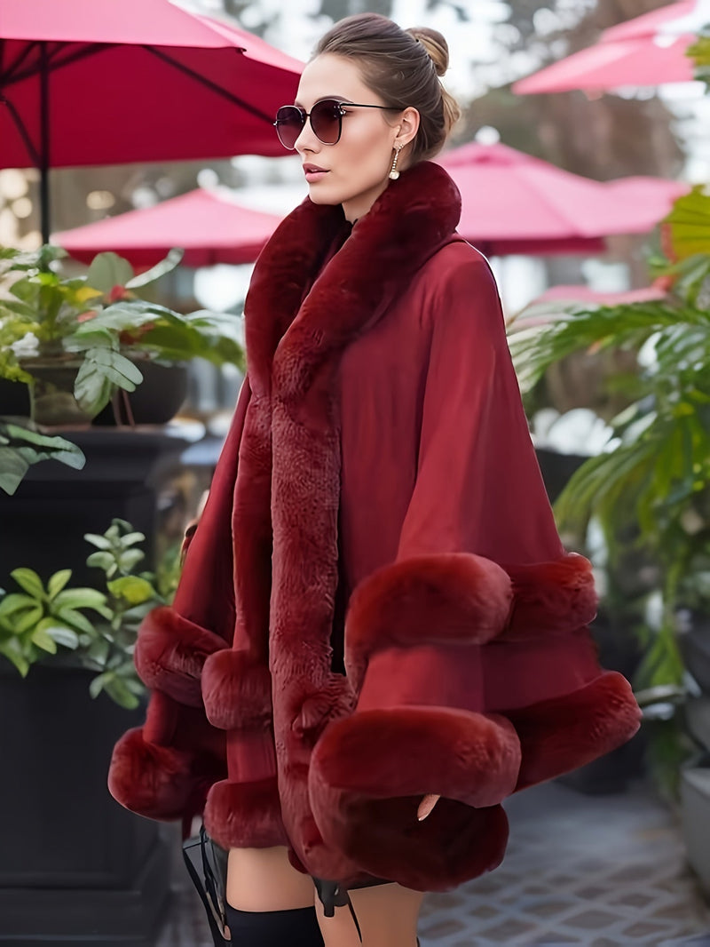 Hooded Cape for Women with Faux Fur Trim and a Tiered Hem