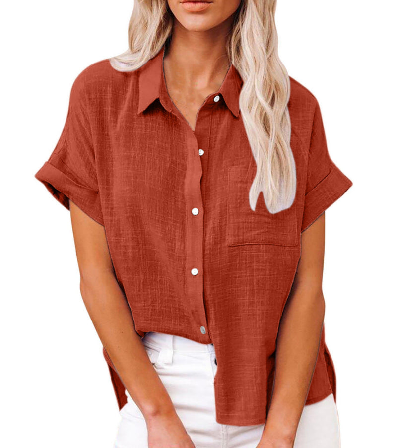 Summer Shirt Linen Blouse for Women with Button Closure and Short Sleeves