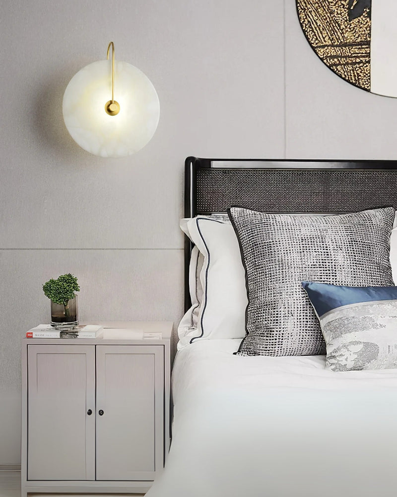 Alabaster LED Wall Lamp with Circular Stone Shade & Warm Ambient Light