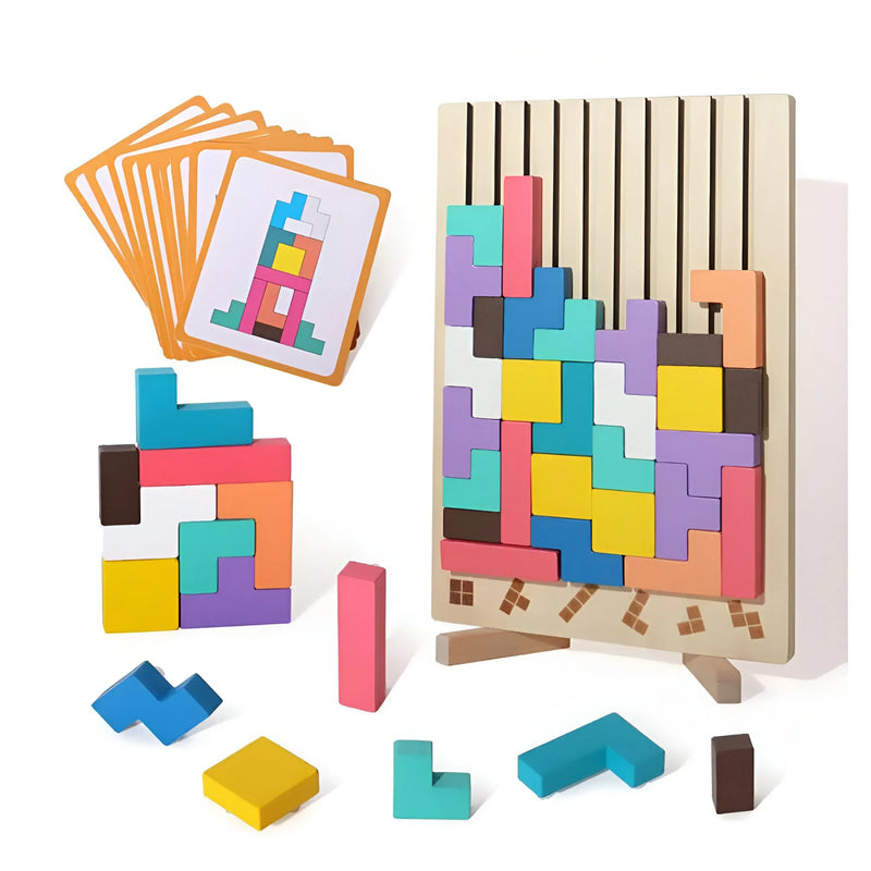 Wooden Tetris Stacking Puzzle with Challenge Cards