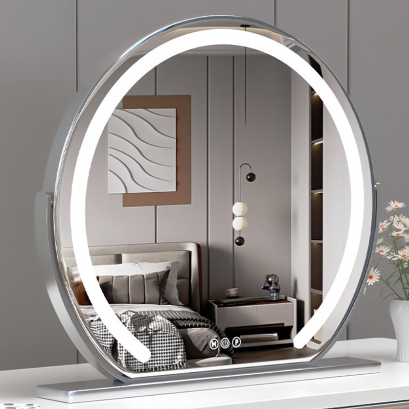 Round LED Dressing Table Mirror with Touch Controls and Rotating Frame