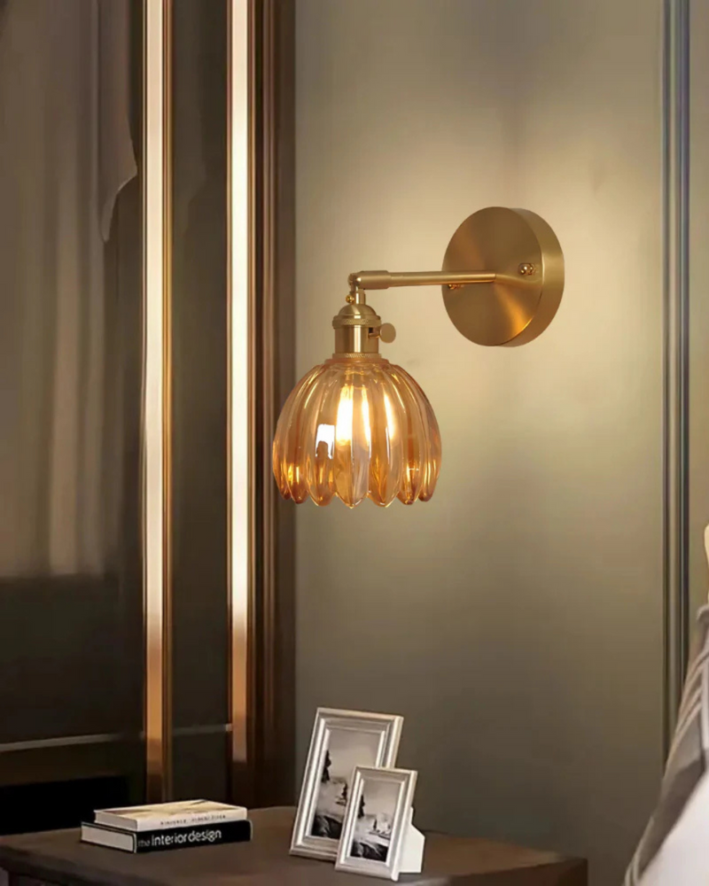 Flower-Inspired Glass Wall Sconce with Brass-Tone Fixture & Scalloped Shade