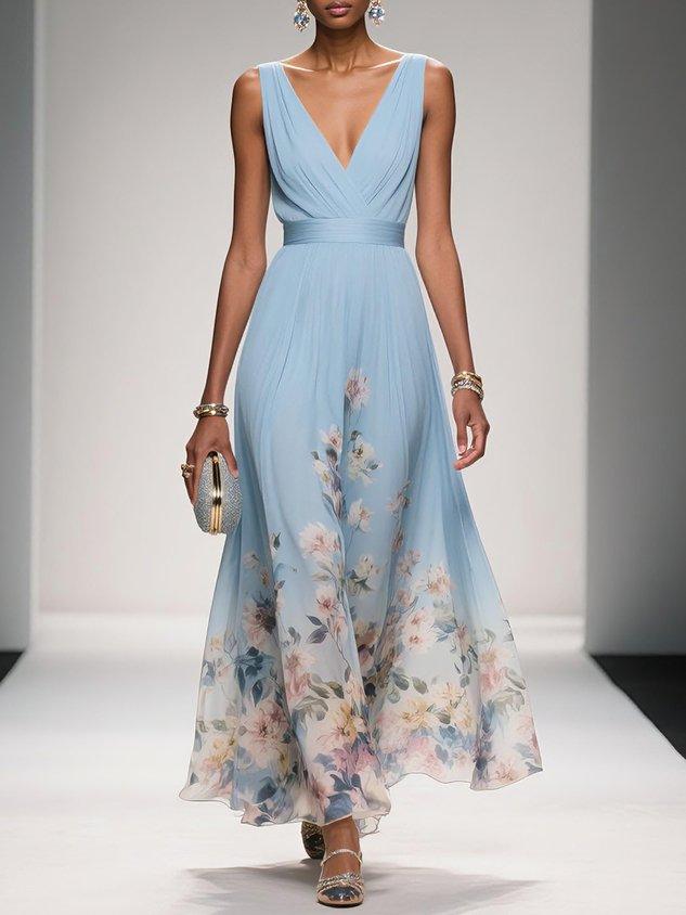 Ladies' Summer Dress with Floral Print and V-Neck for Weddings