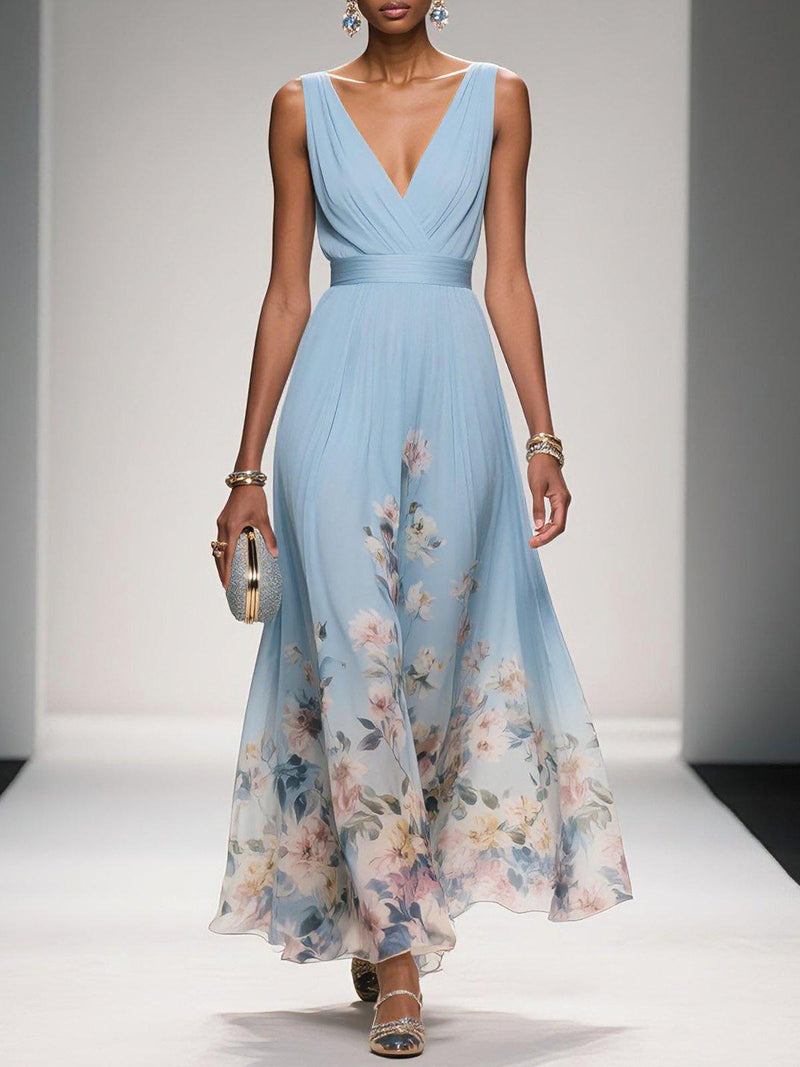 Ladies' Summer Dress with Floral Print and V-Neck for Weddings