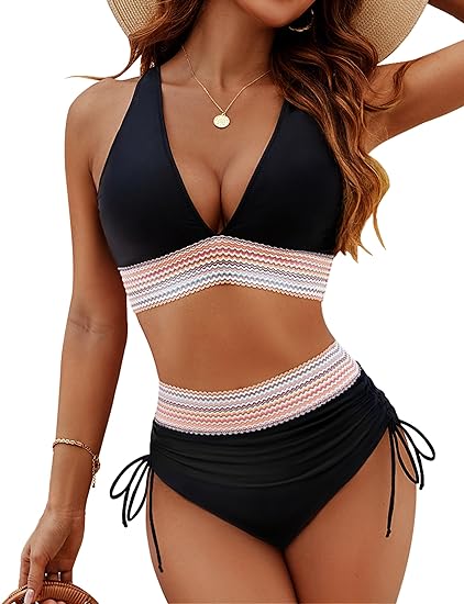 High Waist Bikini Set with V-Neck and Adjustable Straps