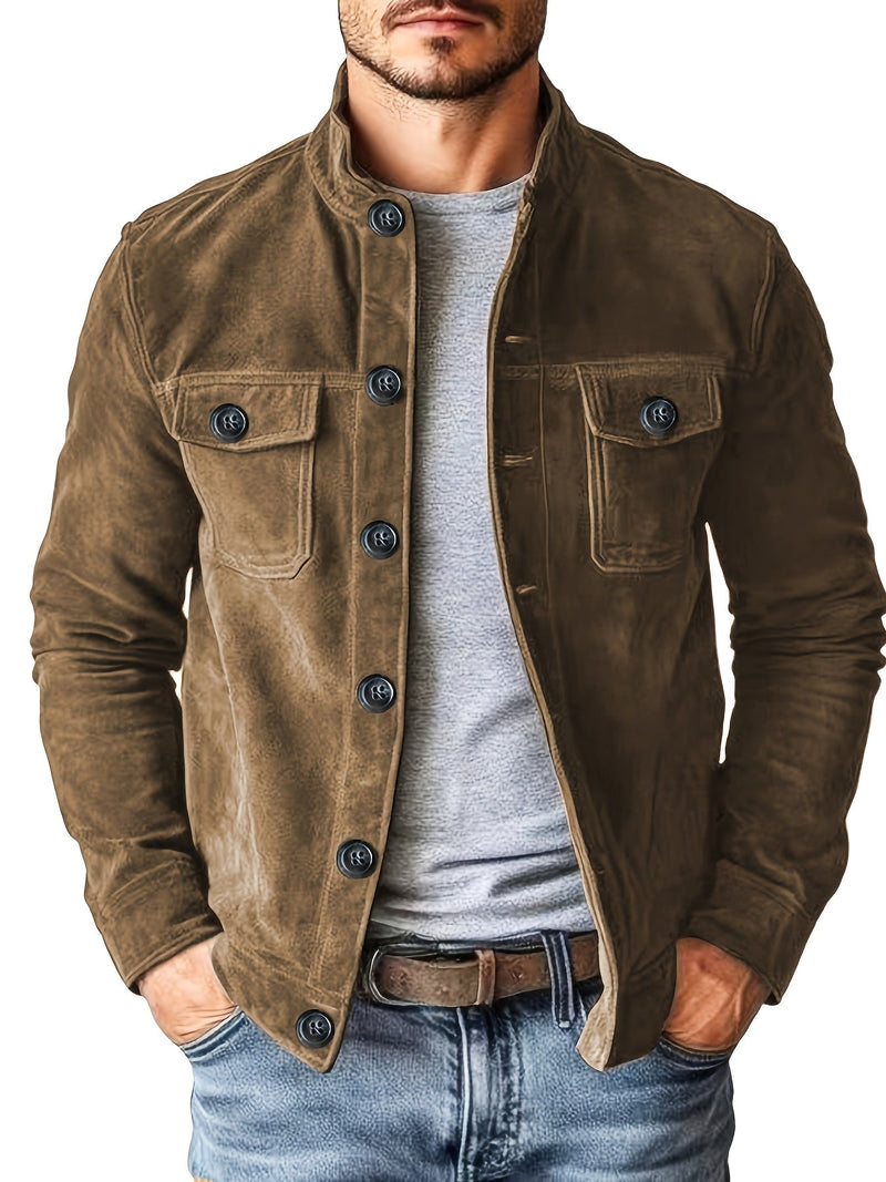 Men's Casual Jacket with Buttons and Stand-Up Collar – Vintage Work Jacket for Spring and Autumn