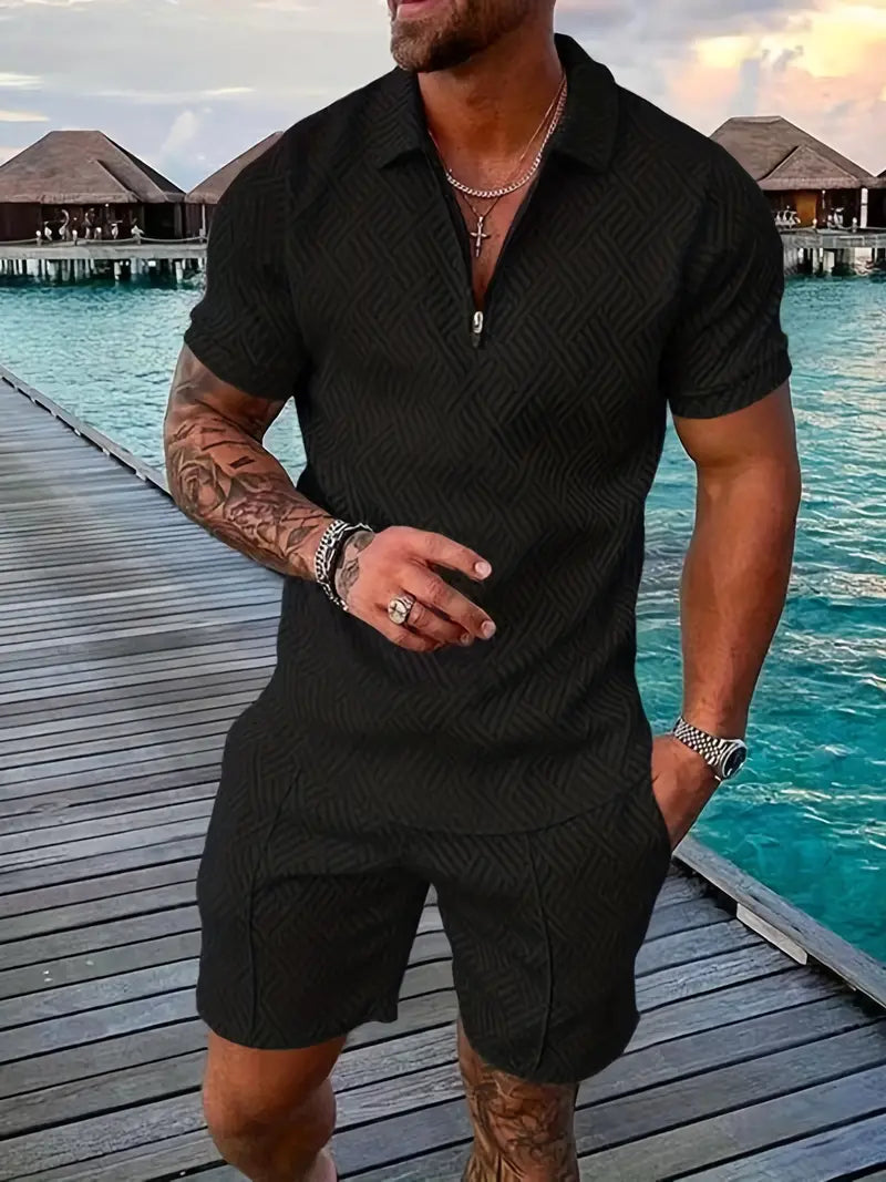 Geometric Men's Summer Set with Polo and Shorts
