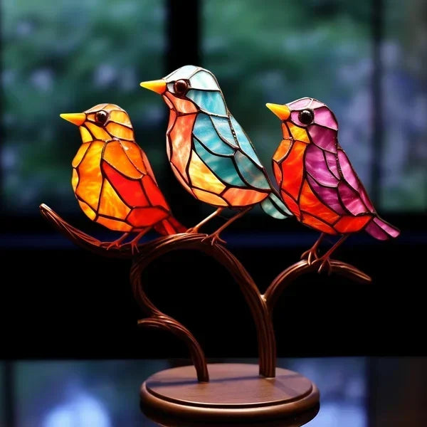 Modern bird table sculpture with coloured glass and decorative art design